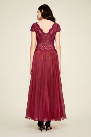 Pleated Tea-Length Chiffon Dress with Lace Bodice | David's Bridal
